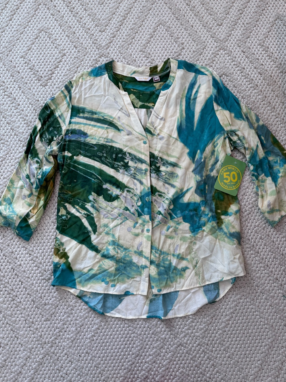 NWT Jams World Green Teal and Cream Abstract Print Button-Front Top 2X